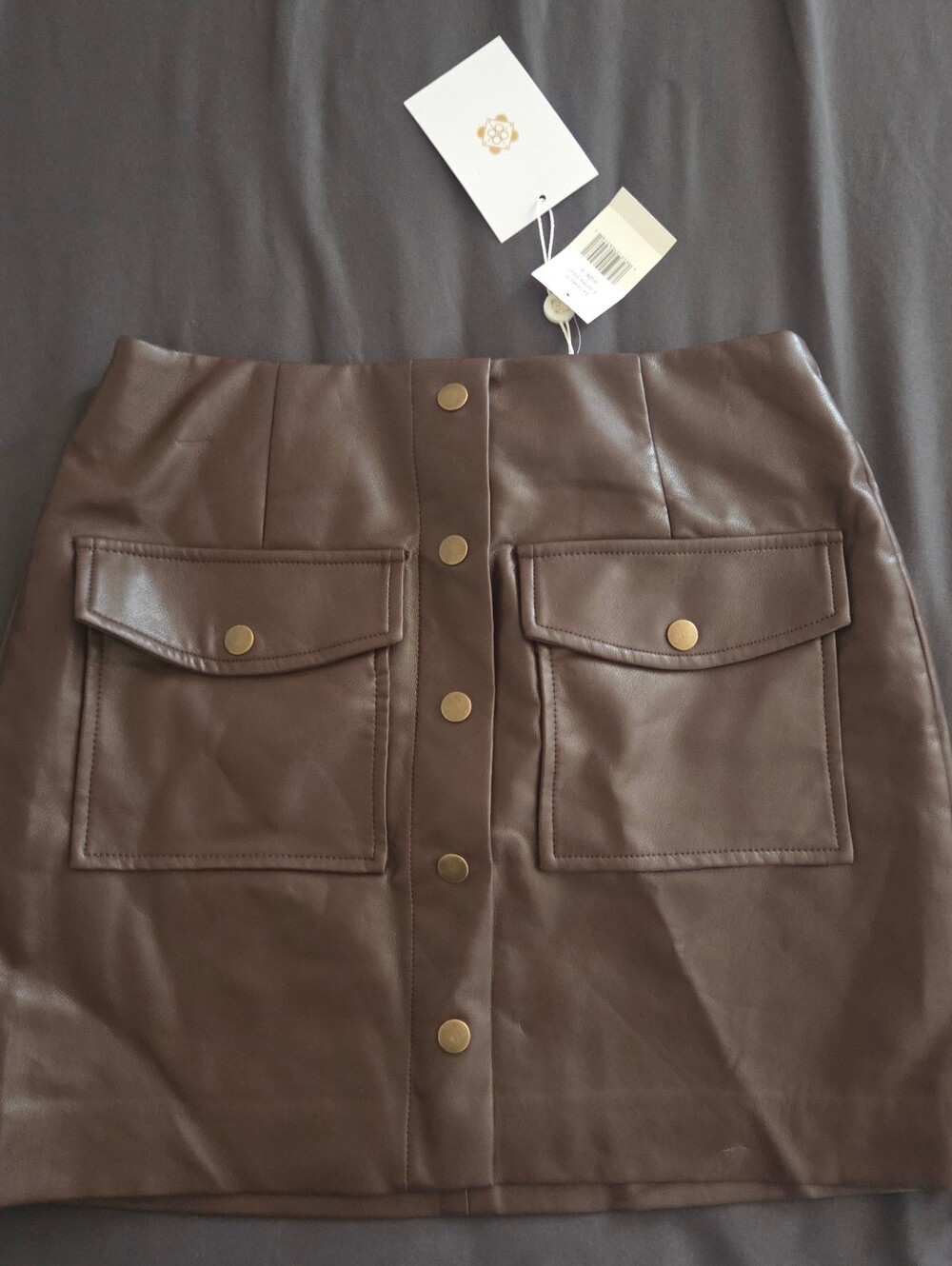 NWT - Wayf Brown Faux Leather Button-Front Mini Skirt